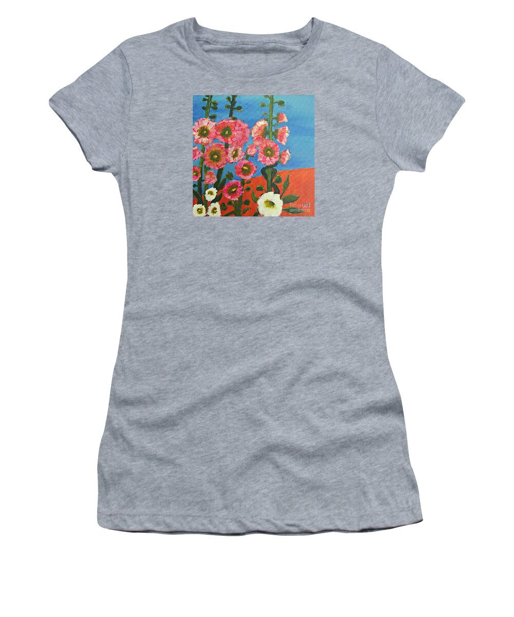 Hollyhocks Women's T-Shirt featuring the painting Hollyhocks and Blue Sky by Mary Mirabal