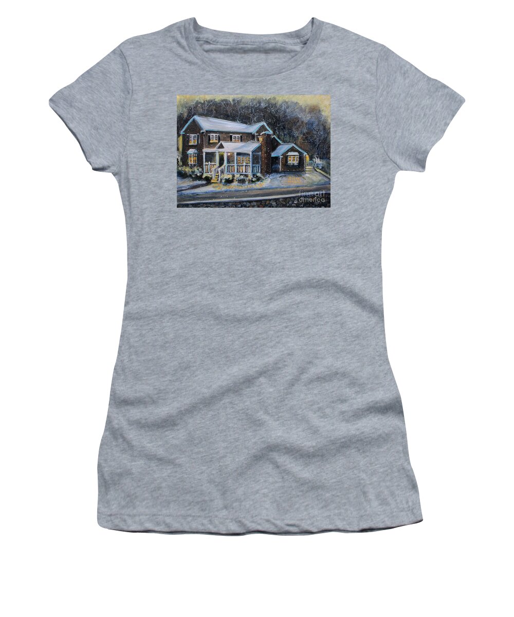 Landscape Women's T-Shirt featuring the painting Home on a Snowy Eve by Rita Brown