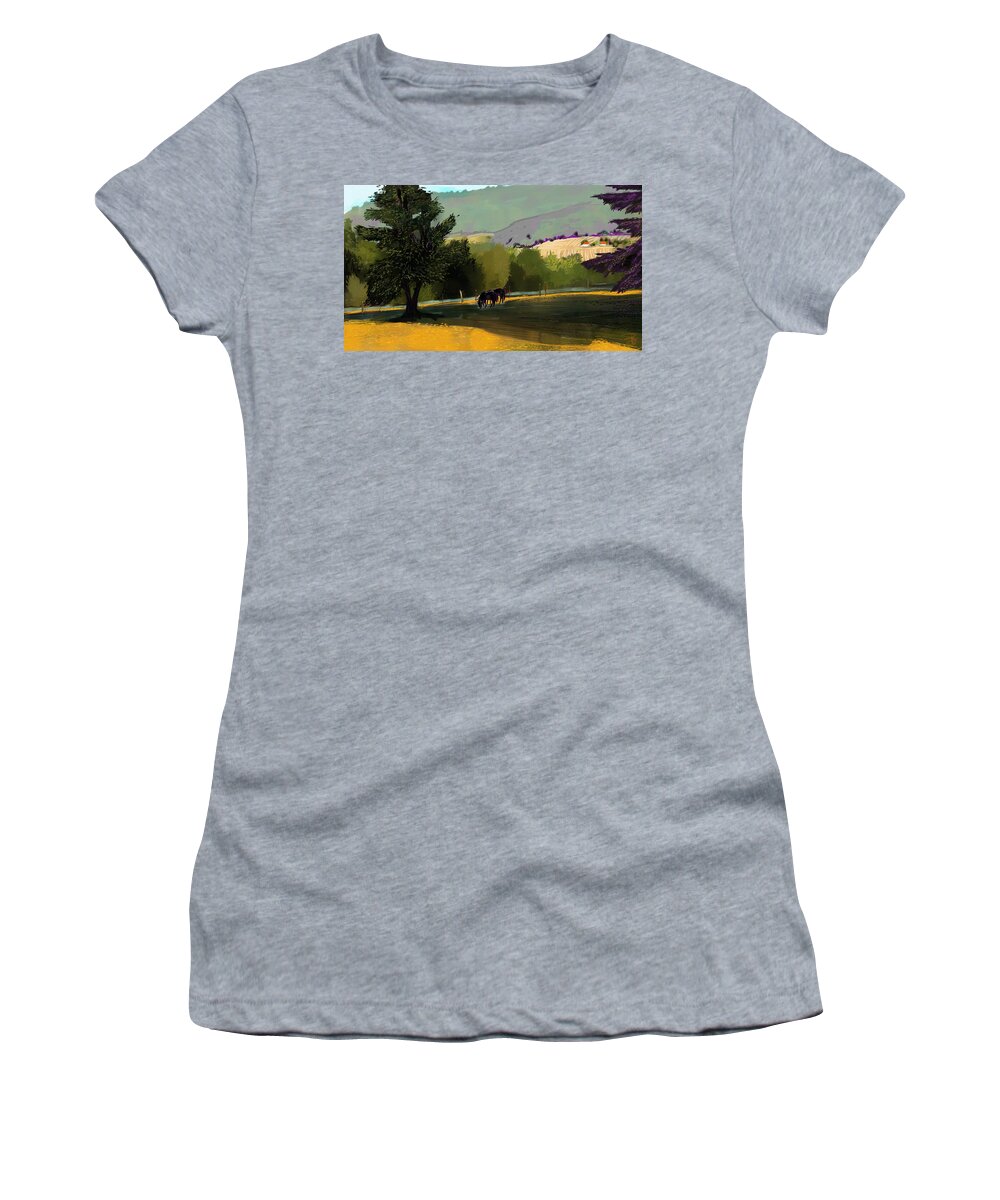 Agriculture Women's T-Shirt featuring the digital art Horses in field by Debra Baldwin