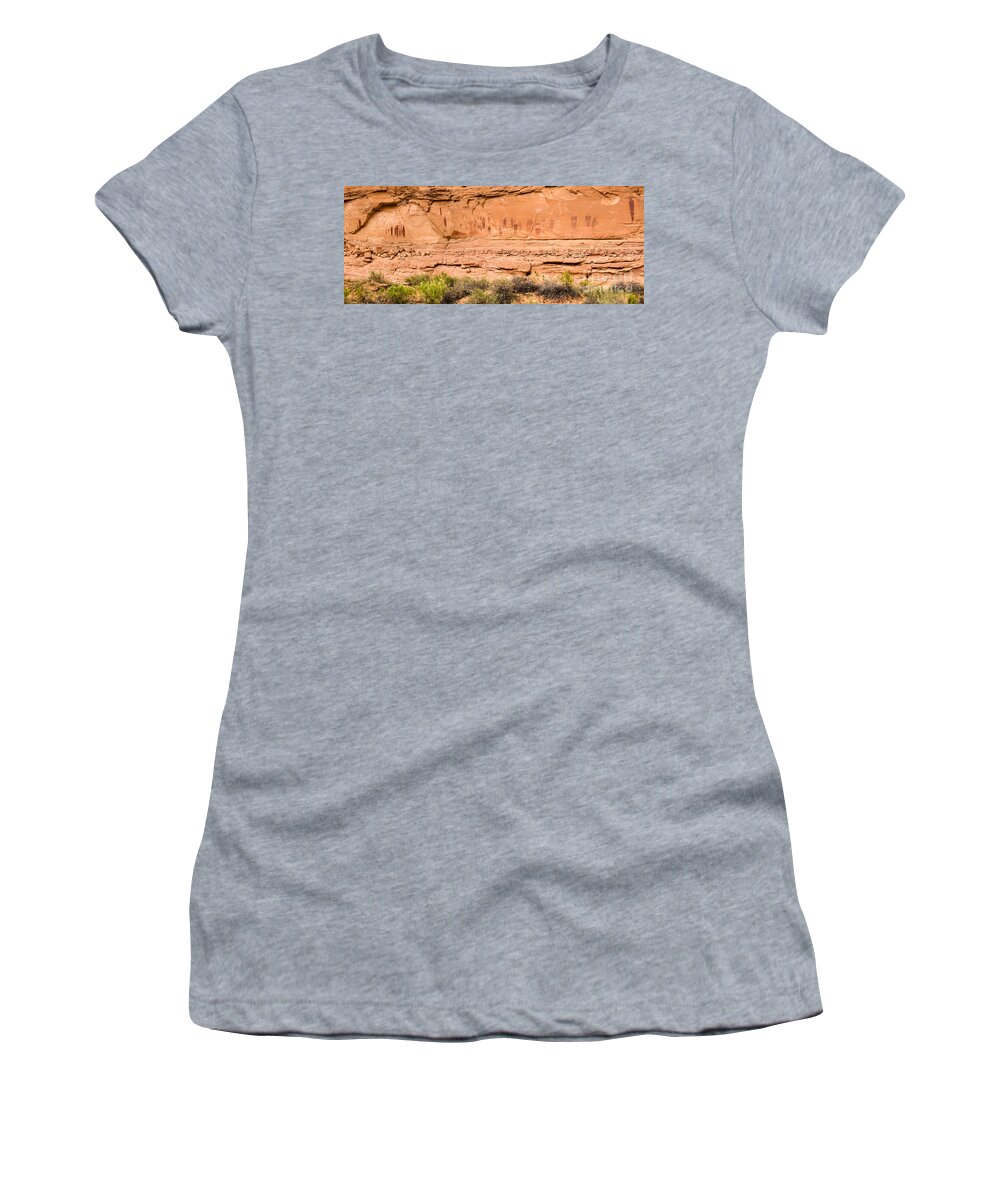 Horseshoe Canyon Women's T-Shirt featuring the photograph Horseshoe Canyon Great Gallery Panorama Pictographs by Gary Whitton