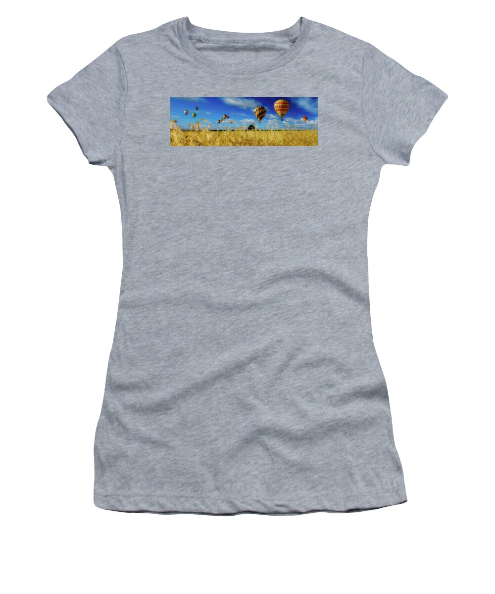 Panorama Women's T-Shirt featuring the photograph Hot Air Balloons Over A Wheat Field by Mountain Dreams