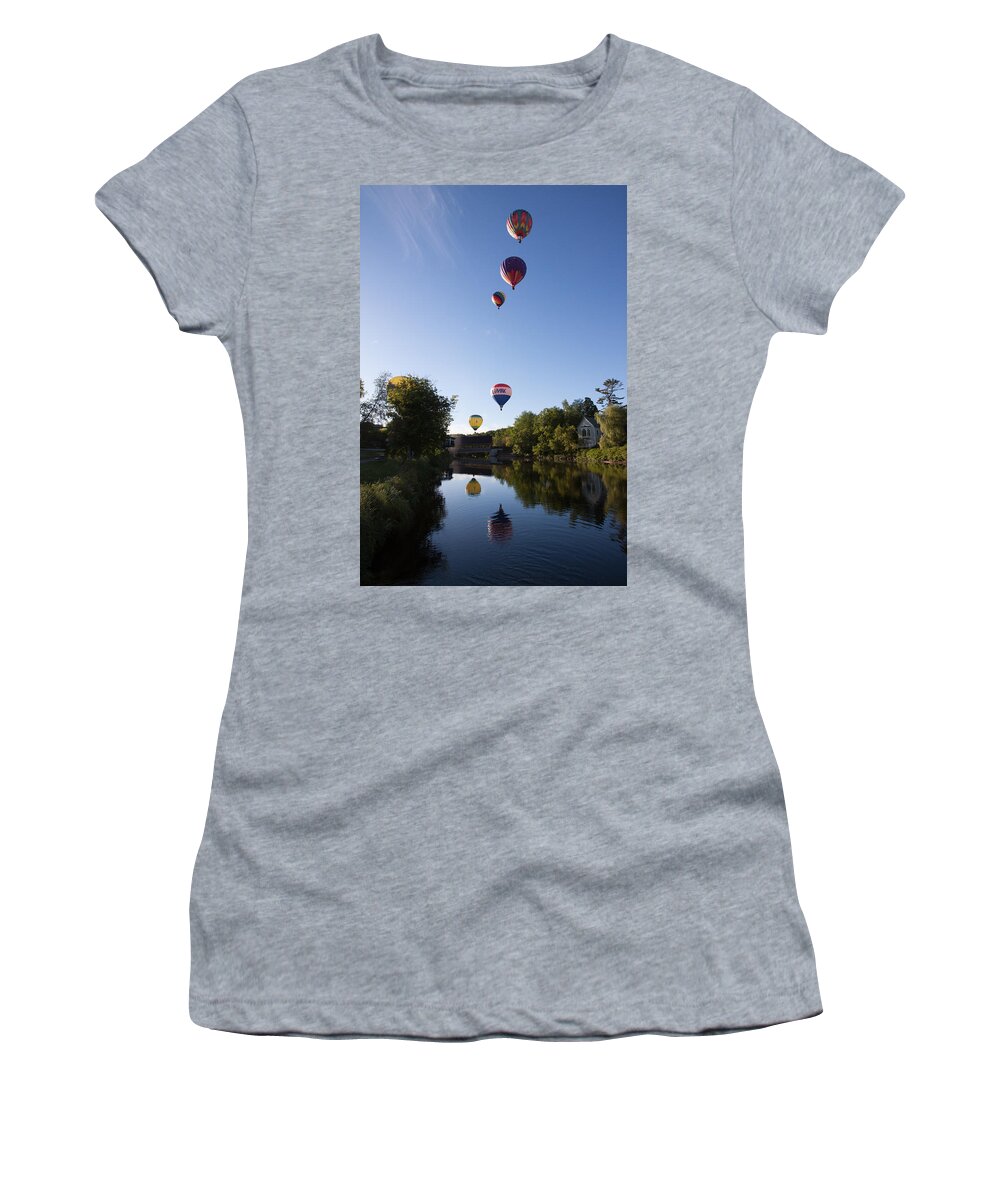 Quechee Covered Bridge Women's T-Shirt featuring the photograph Hot air balloons playing follow the leader by Jeff Folger