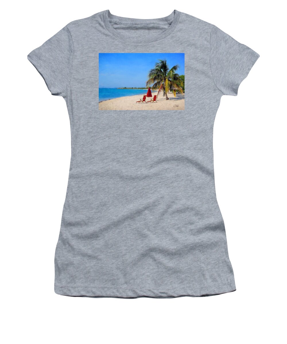 Beach Scene Women's T-Shirt featuring the mixed media Hot Fun in the Summertime by Colleen Taylor