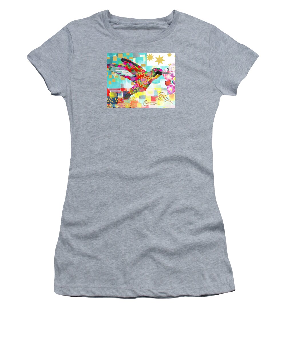 Humming Bird Collage Women's T-Shirt featuring the mixed media Humming Bird by Claudia Schoen