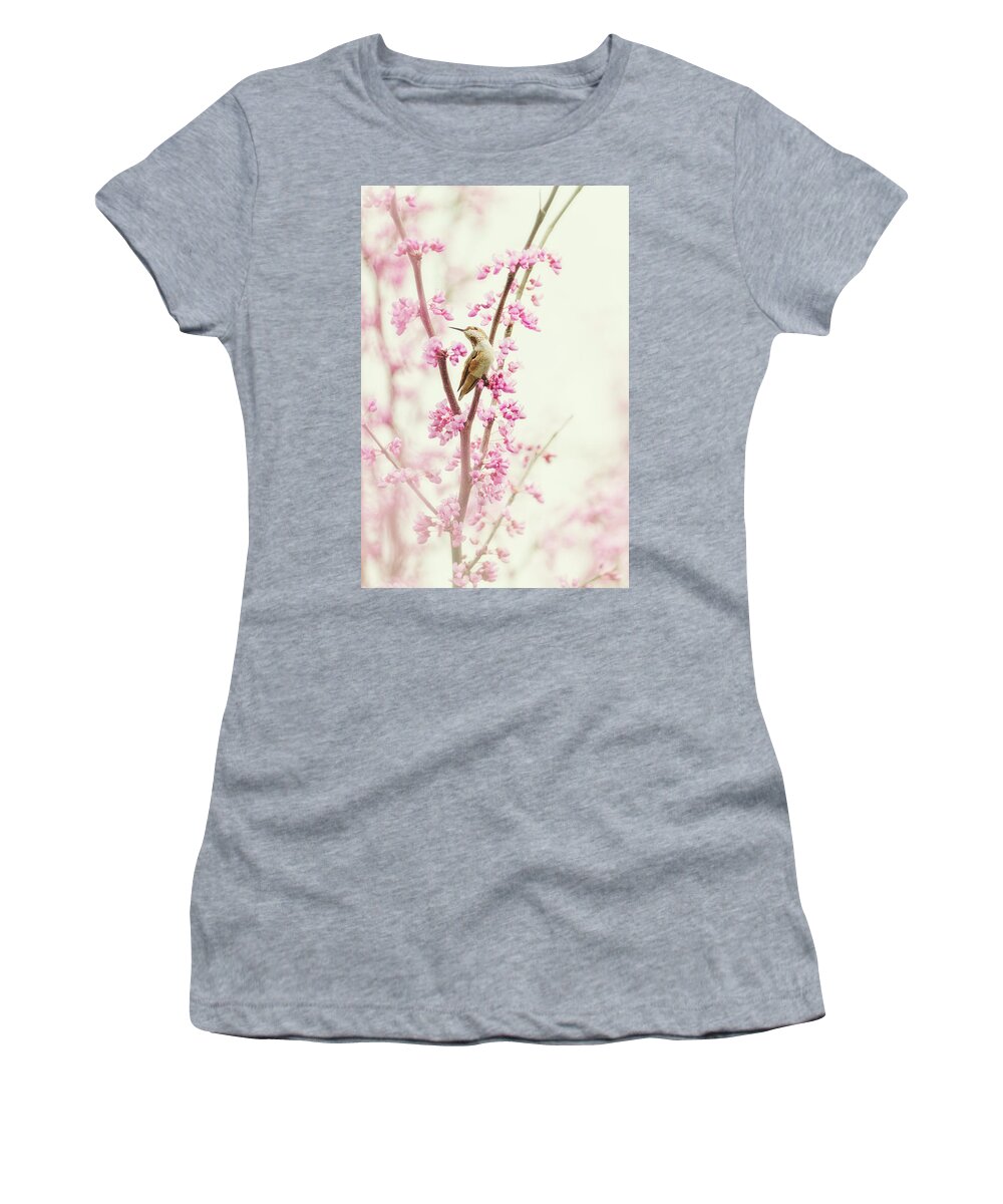Hummingbird Women's T-Shirt featuring the photograph Hummingbird Perched Among Pink Blossoms by Susan Gary