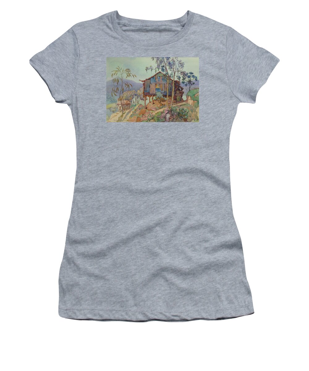 Hut In Tropical Landscape By Nelly Littlehale Murphy (1867-1941) Women's T-Shirt featuring the painting Hut in Tropical Landscape by Nelly Littlehale Murphy