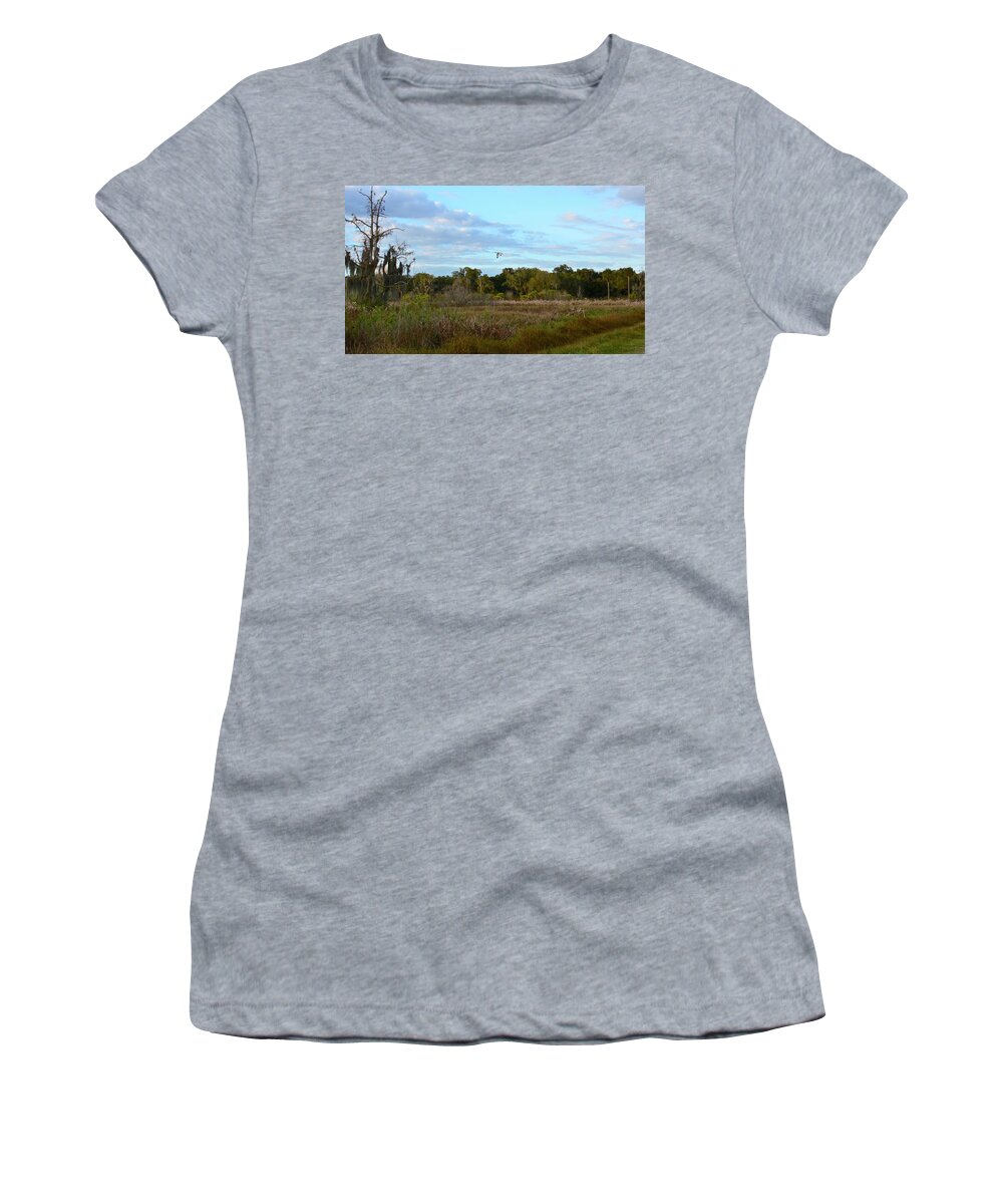 Sundown Women's T-Shirt featuring the photograph Ibis Sundown Flyover by Carol Bradley