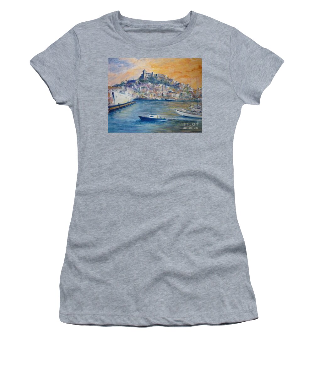 Marina Women's T-Shirt featuring the painting Ibiza Old Town Marina and Port by Lizzy Forrester