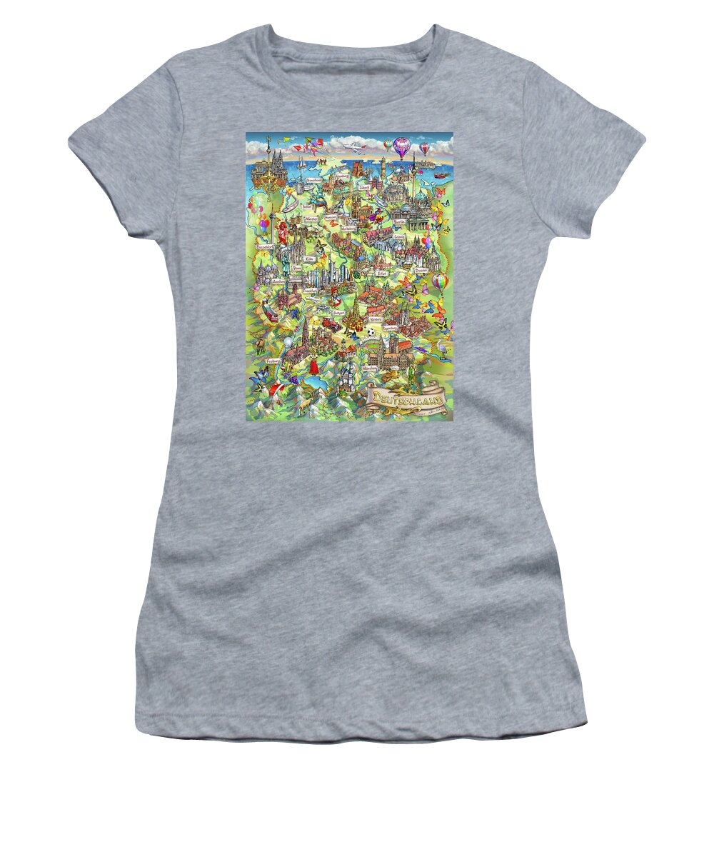 Germany Map Women's T-Shirt featuring the painting Illustrated Map of Germany by Maria Rabinky