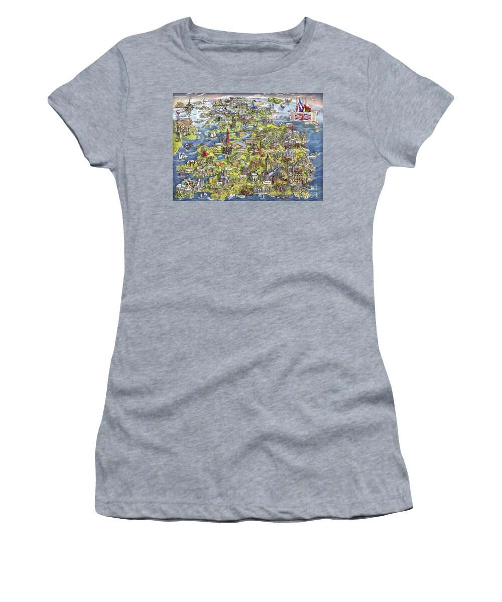 Uk; United Kingdom Women's T-Shirt featuring the painting Illustrated Map of the United Kingdom by Maria Rabinky