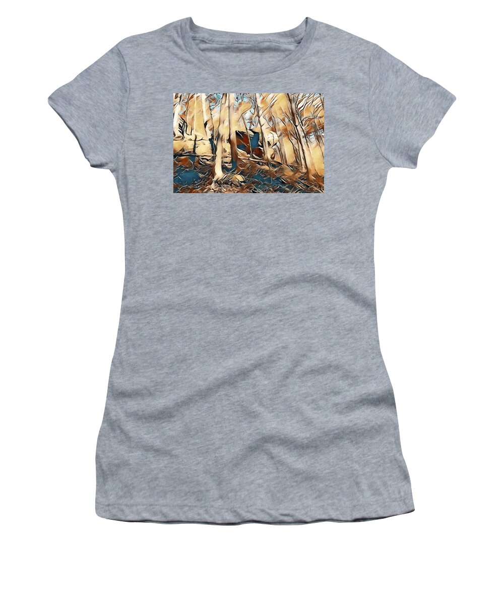 Impressionistic Women's T-Shirt featuring the mixed media Autumn Walk in the Melting Woods by Stacie Siemsen