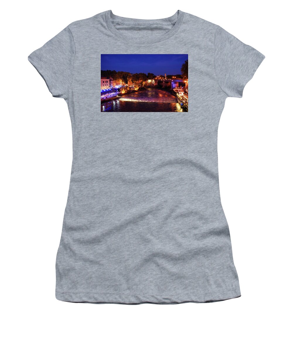 Georgia Mizuleva Women's T-Shirt featuring the painting Impressions of Rome - Summer Festival on the Banks of Tiber River by Georgia Mizuleva