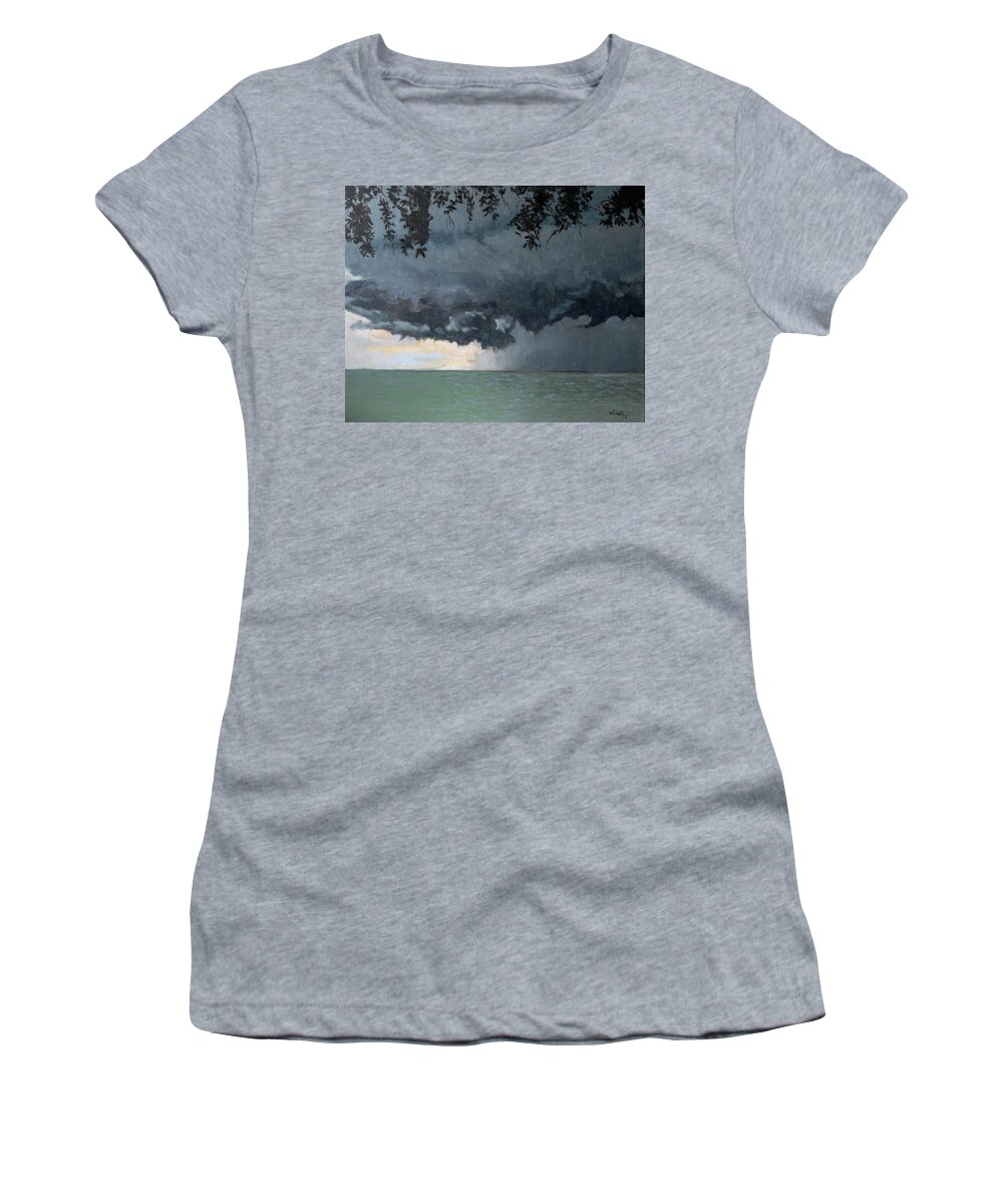 Oil Painting Women's T-Shirt featuring the painting In coming storm-Epping forest on the lake by Wade Clark
