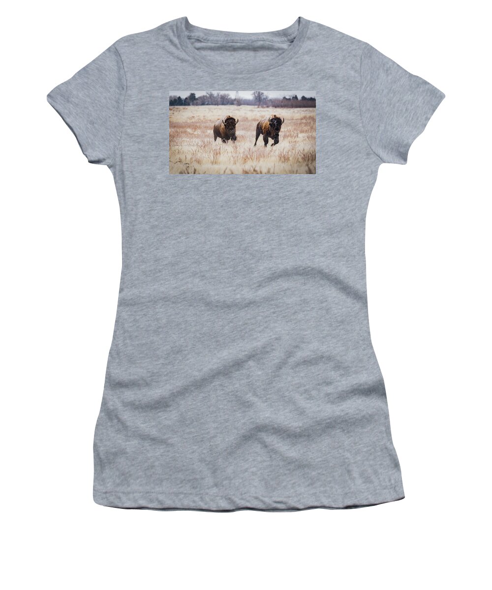 2018 Women's T-Shirt featuring the photograph Incoming-Bison on the Run by Kelly Kennon