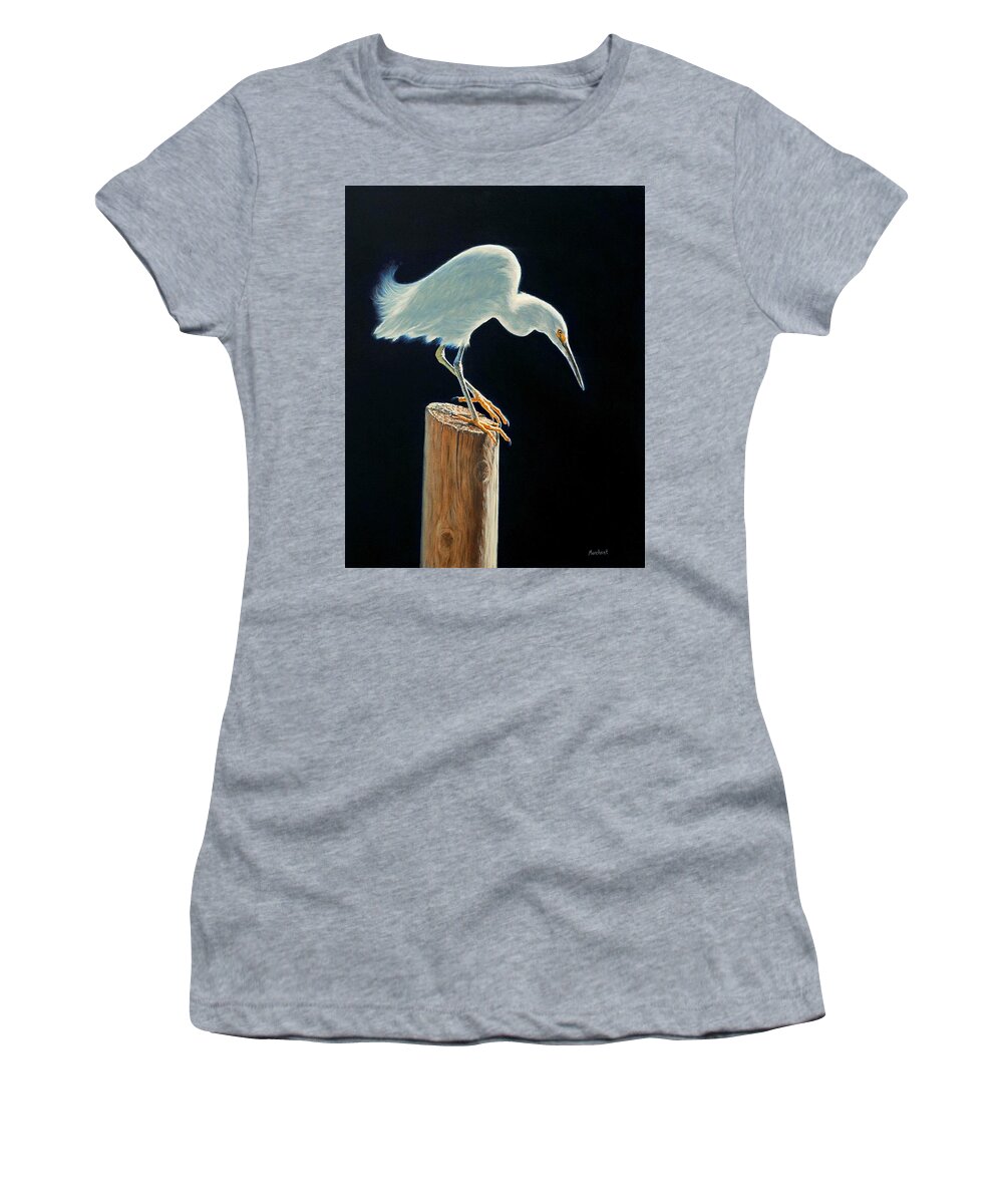 Egret Women's T-Shirt featuring the painting Interlude - Snowy Egret by Linda Merchant