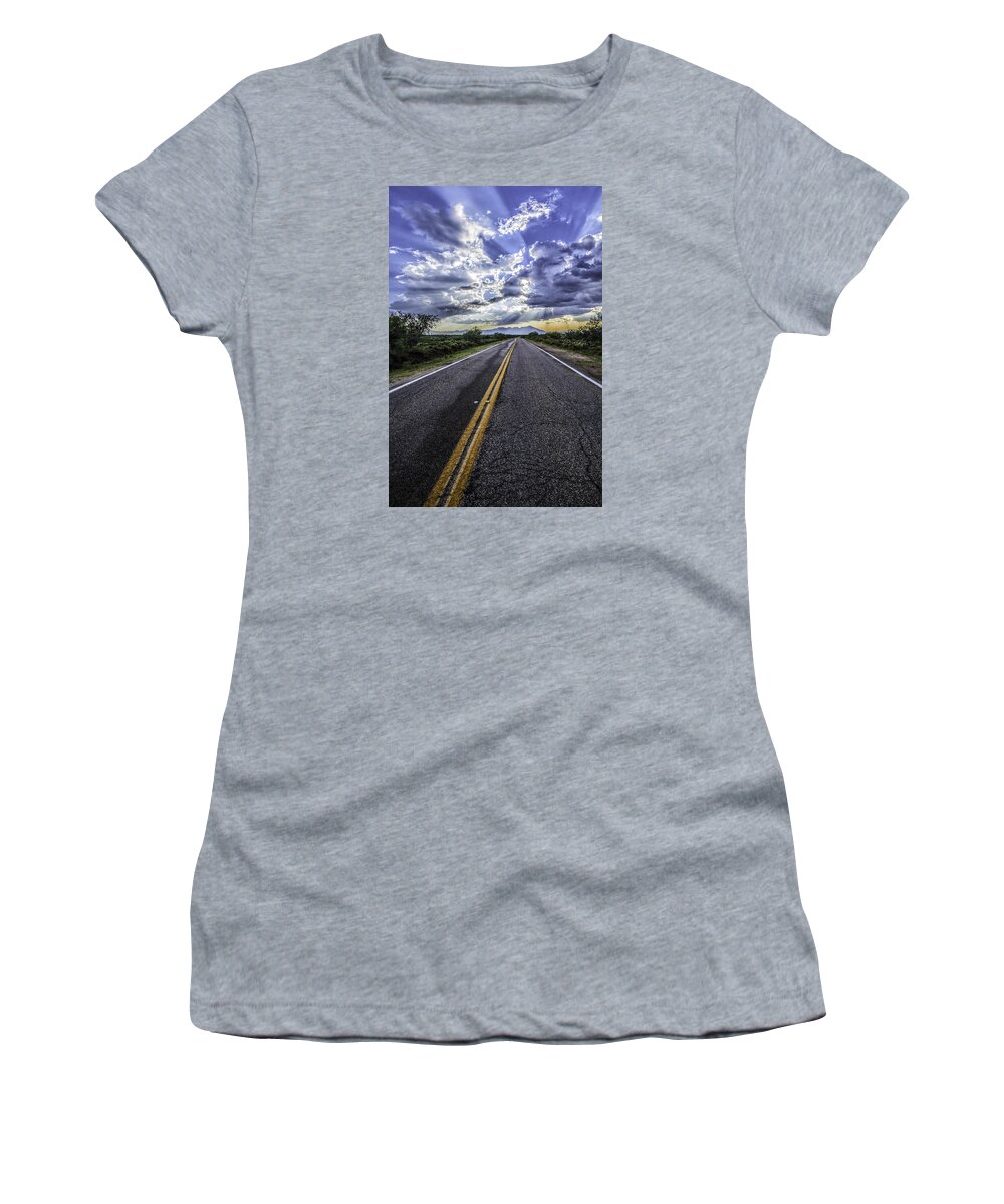 Sunset; Desert; Road; Clouds; Arizona Women's T-Shirt featuring the photograph Into the Sunset by Michael Newberry