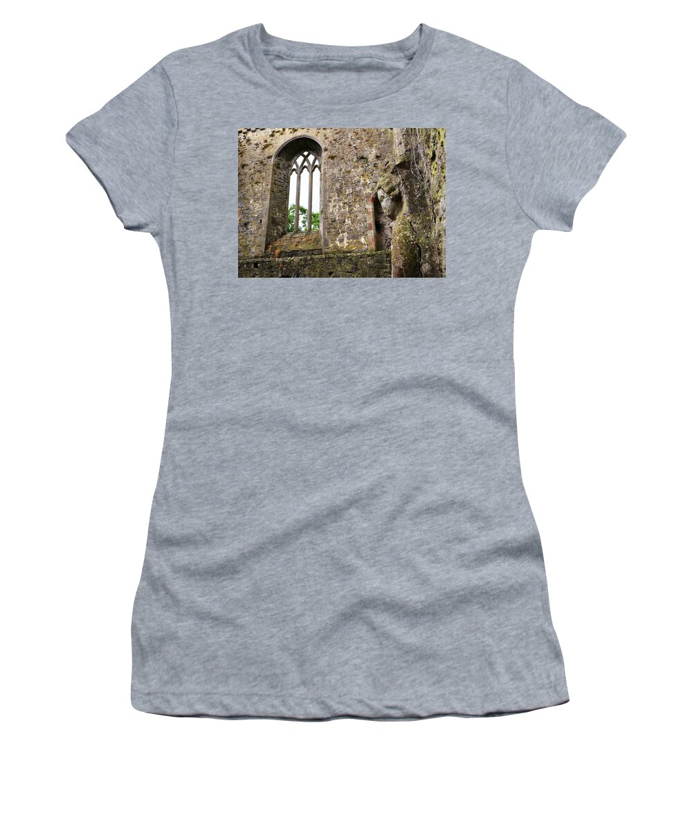 Athassel Women's T-Shirt featuring the photograph Ireland Athassel Priory Tipperary Medieval Ruins Profile of St Joseph Statue Gothic Window by Shawn O'Brien