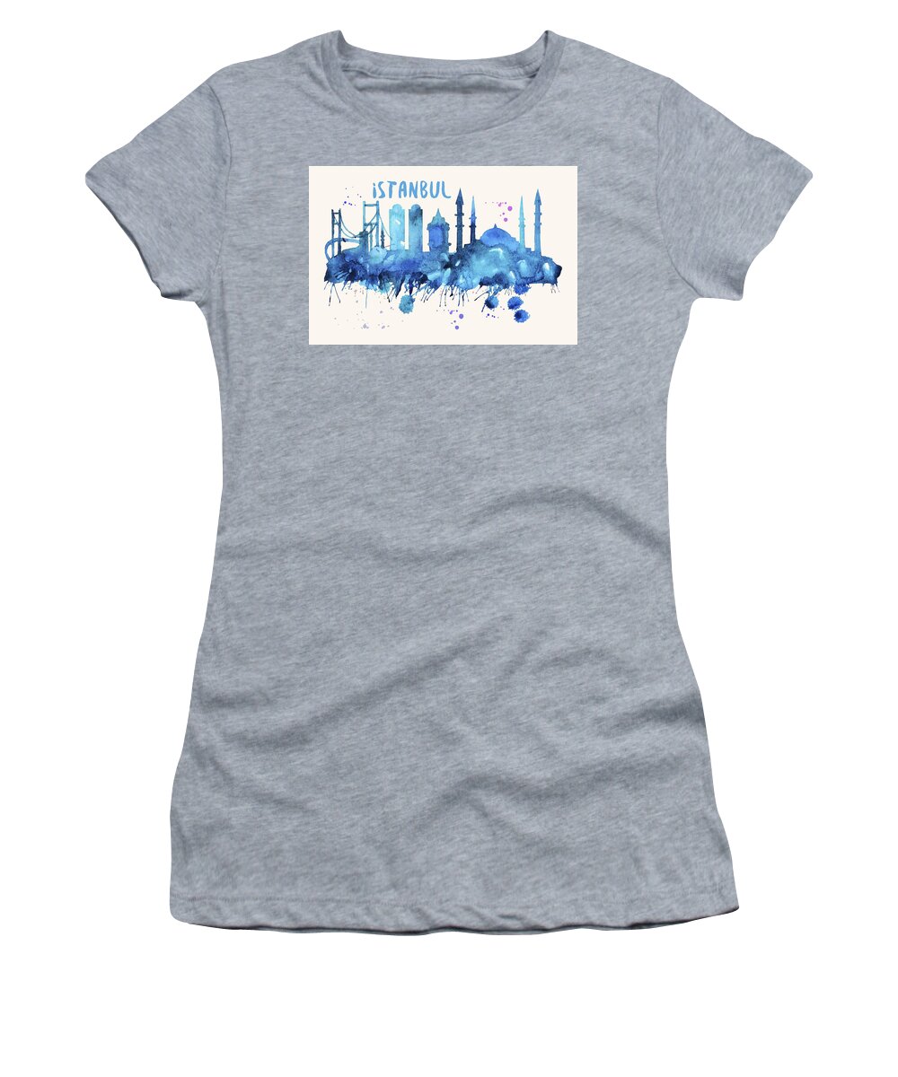 Istanbul Women's T-Shirt featuring the painting Istanbul Skyline Watercolor Poster - Cityscape Painting Artwork by Beautify My Walls