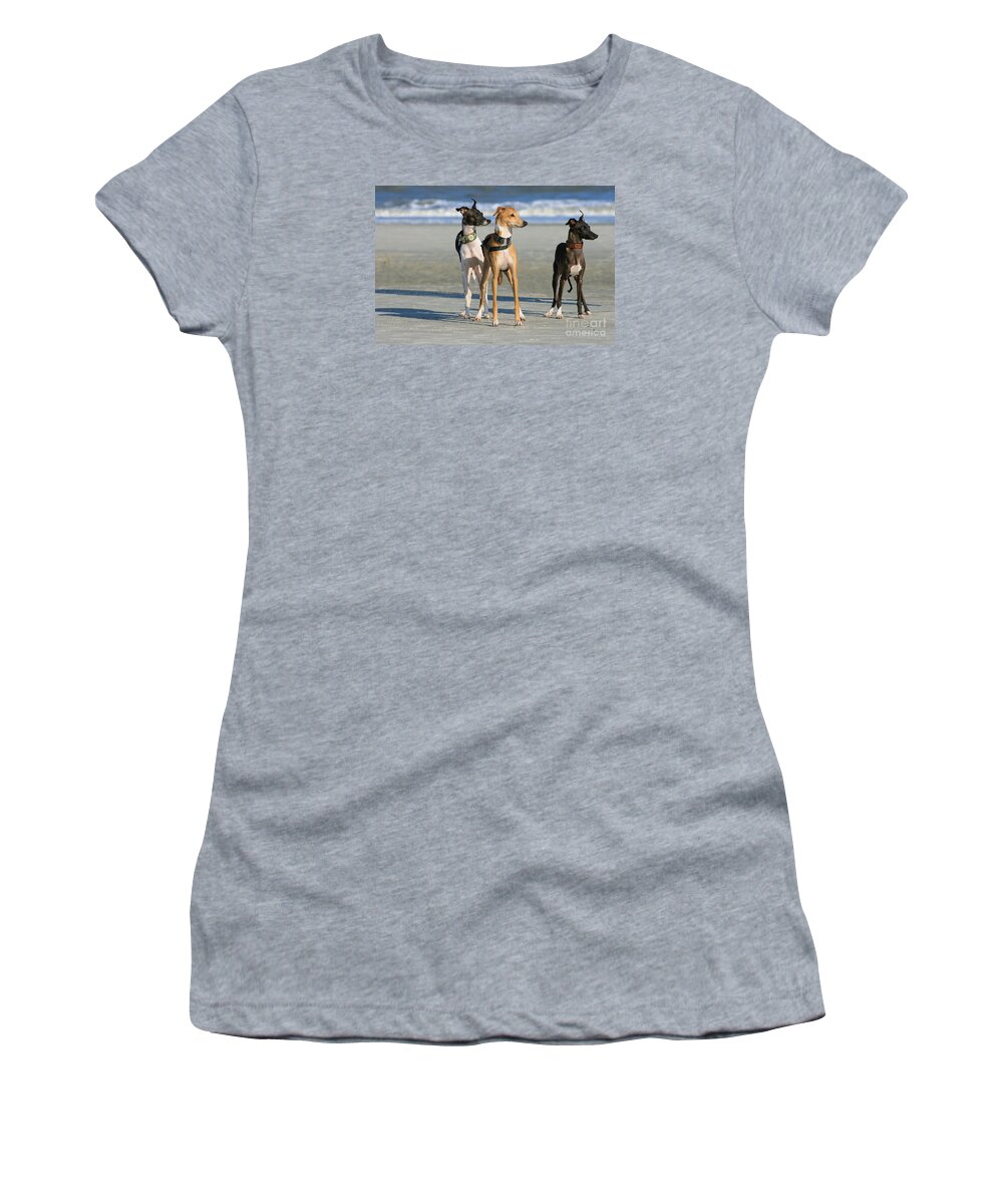 Black And White Women's T-Shirt featuring the photograph Italian Greyhounds on the Beach by Angela Rath