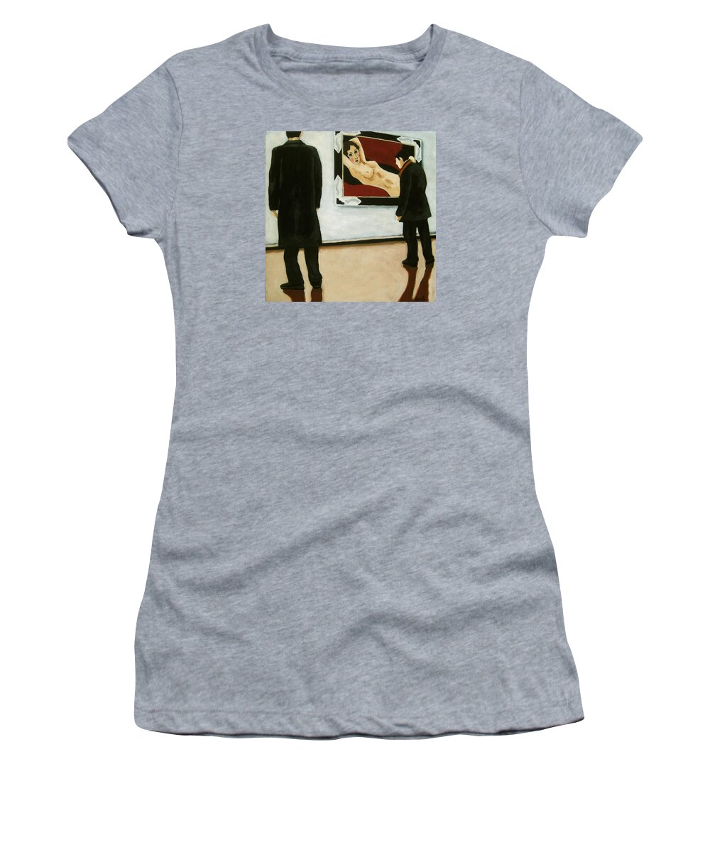 Men Women's T-Shirt featuring the painting It's Not all Black and White men at art museum by Linda Apple
