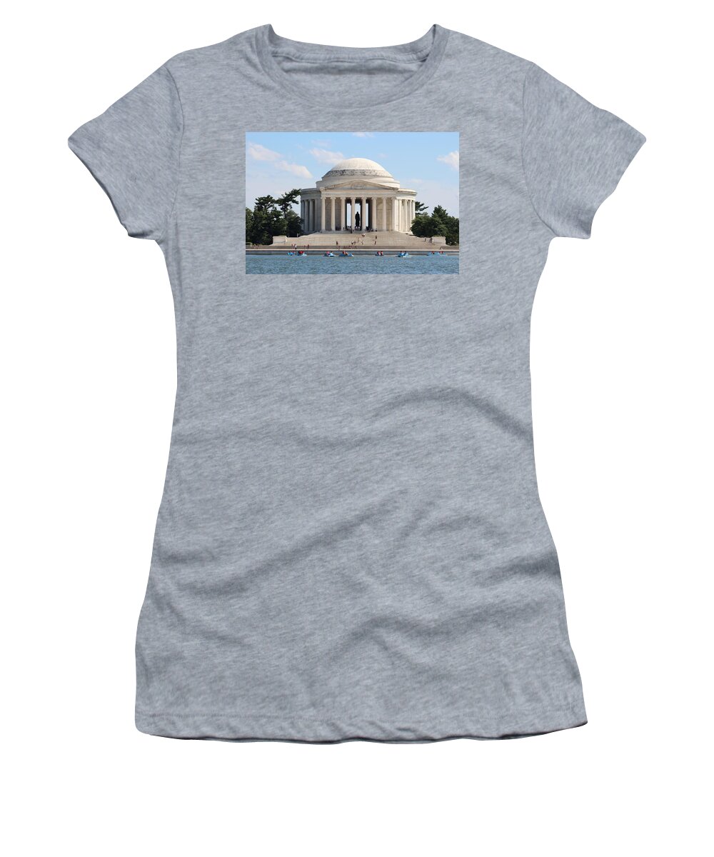 Jefferson Memorial Jeffersonmemorial Washington D.c Dc U.s.a Us America Capital Landmark Us United States Of America Usa Waterfront Water Summer Boats Sculpture Statue Clouds Cloud Sky Blue Green White Beige Reflection Outdoors Nature Landscape View Panorama Sunny Great Beautiful Daytime Lovely Peaceful Nice Fantastic Outstanding City Building Architecture Women's T-Shirt featuring the digital art Jefferson Memorial by Jeanette Rode Dybdahl