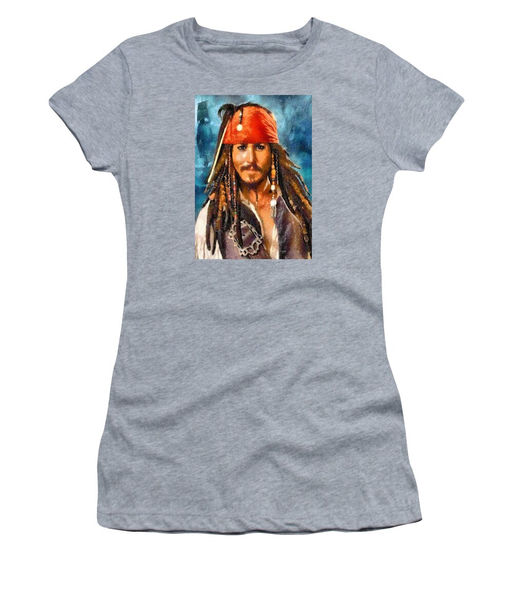 Portrait Women's T-Shirt featuring the digital art Johnny Depp as Jack Sparrow by Charmaine Zoe