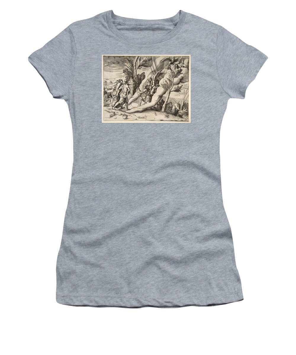 Giulio Bonasone Women's T-Shirt featuring the drawing Jupiter and Juno being received in the heavens by Ganymede and Hebe by Giulio Bonasone