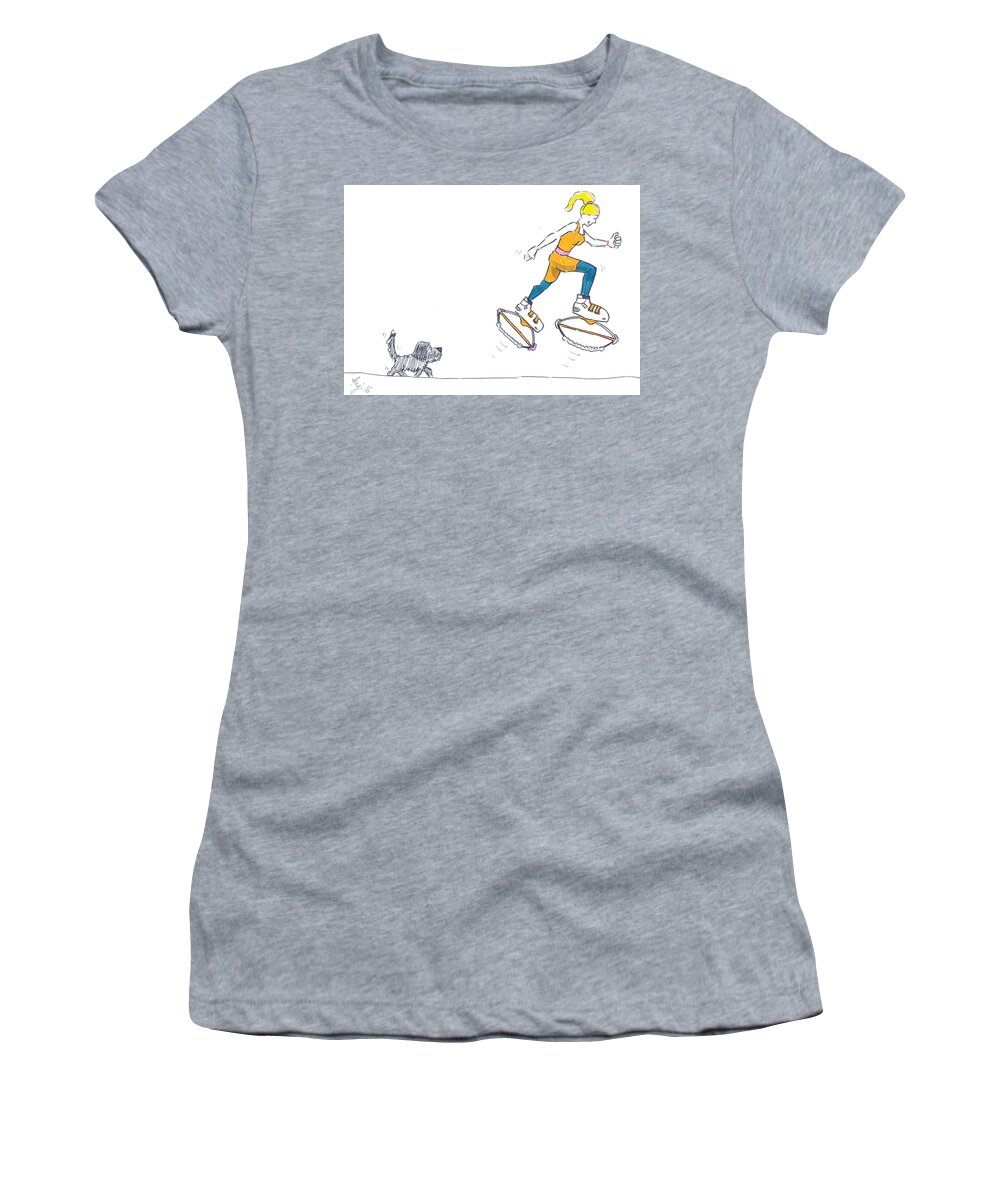 Kangoo Women's T-Shirt featuring the drawing Kangoo Jumps Bouncy Shoes Walking the Dog Keep Fit cartoon by Mike Jory