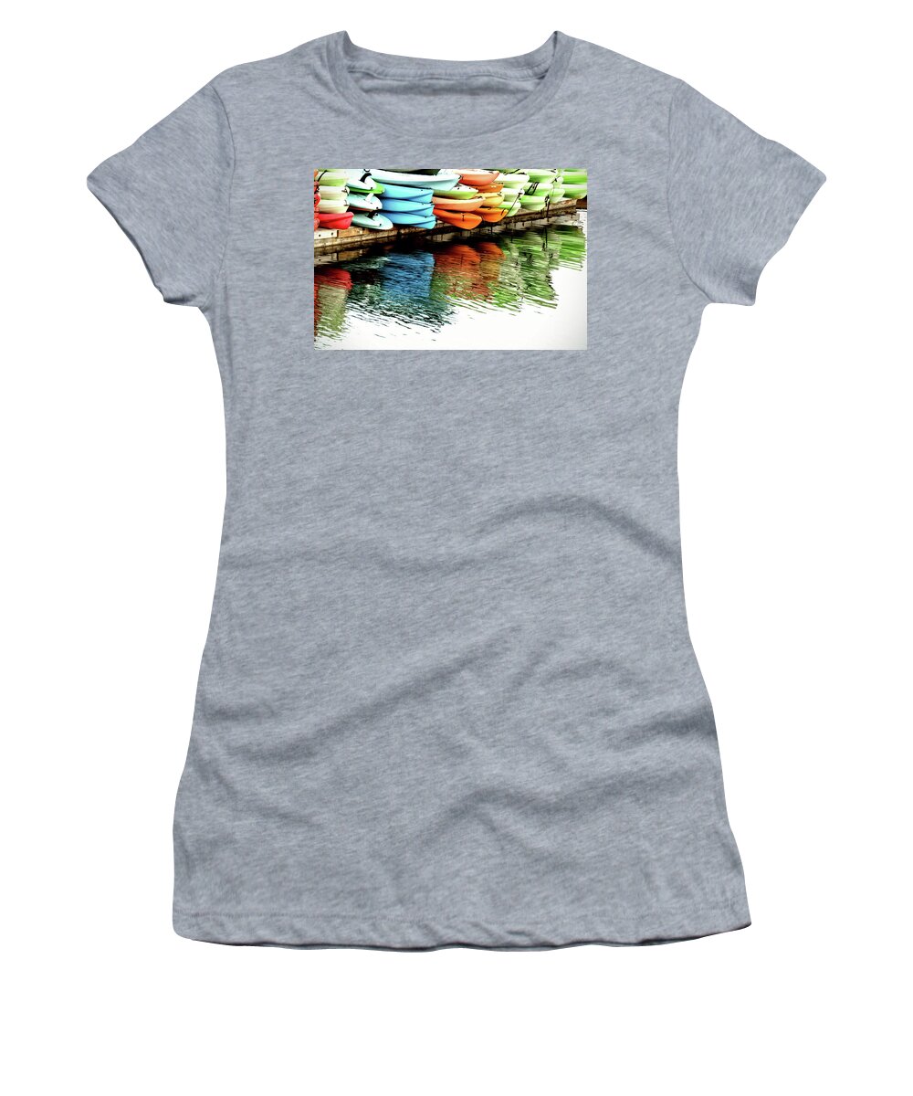 Reflection Boat Kayak Women's T-Shirt featuring the photograph Kayak color by Wendell Ward