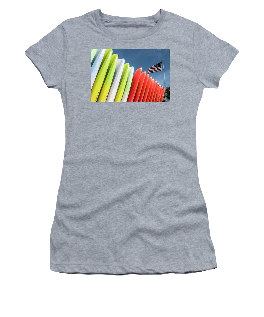 Kayaks Women's T-Shirt featuring the photograph Kayaks with Flag by John Greco