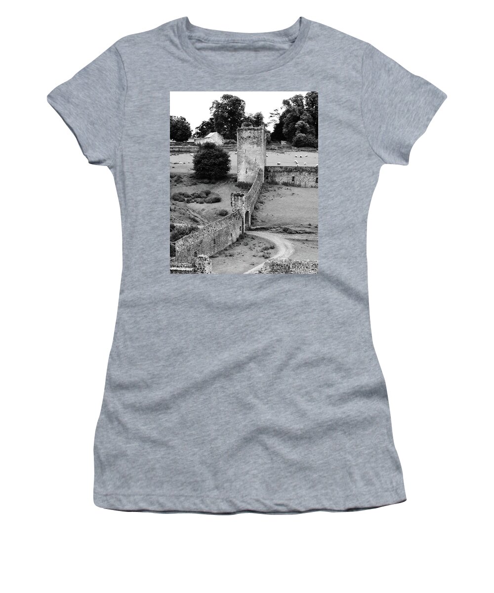 Kells Women's T-Shirt featuring the photograph Kells Priory Outer Wall Gatehouse and Fortified Tower County Kilkenny Ireland Black and White by Shawn O'Brien
