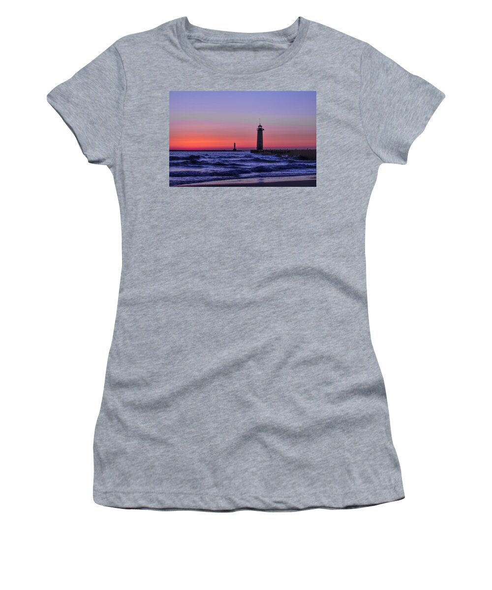 Lighthouse Women's T-Shirt featuring the photograph Kenosha Lighthouse Blue Waves by Dale Kauzlaric