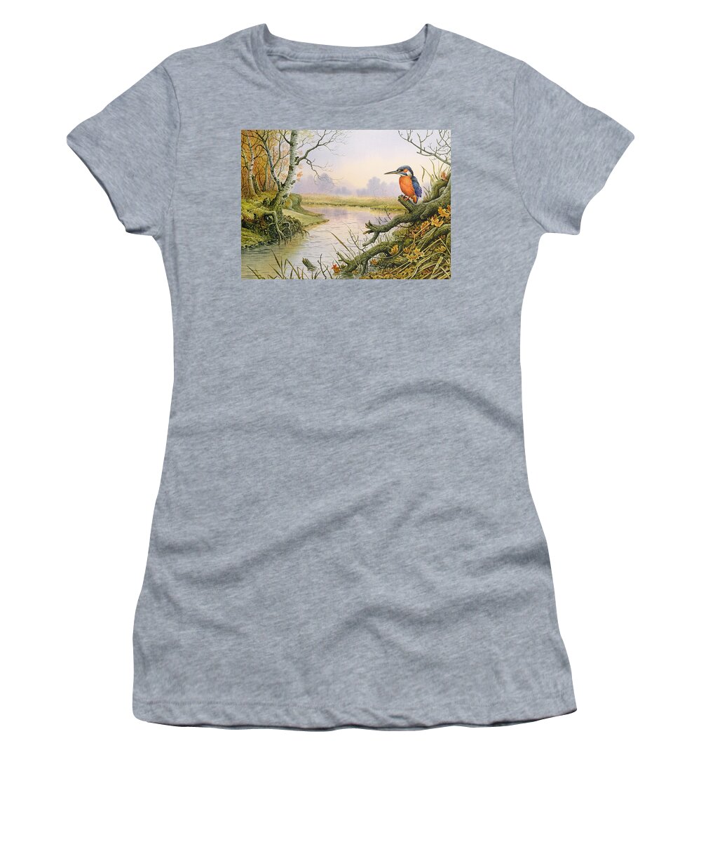 Kingfisher Women's T-Shirt featuring the painting Kingfisher Autumn River Scene by Carl Donner