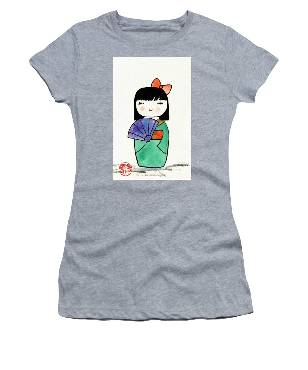 Japanese Women's T-Shirt featuring the painting Kokeshi Doll by Terri Harris