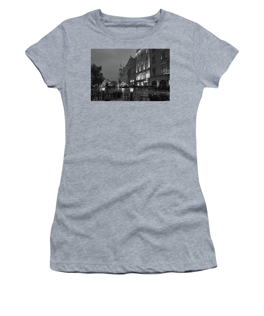 Central Europe Women's T-Shirt featuring the photograph Krakow Nights Black and White by Sharon Popek