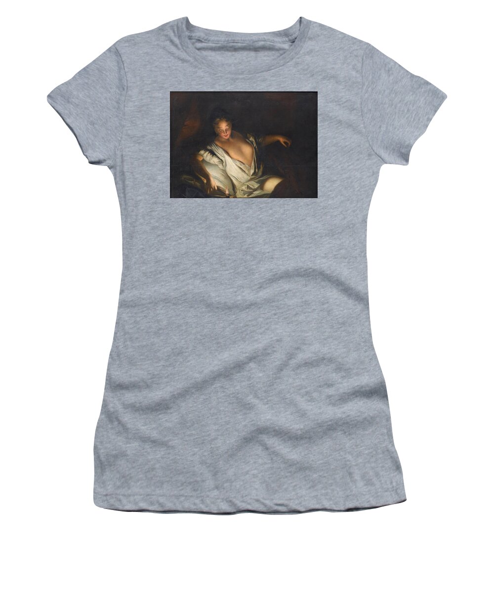 Circle Of Jean-baptiste Santerre Women's T-Shirt featuring the painting Lady with an open Decollete reclining on a bed lighting a Candle by Circle of Jean-Baptiste Santerre
