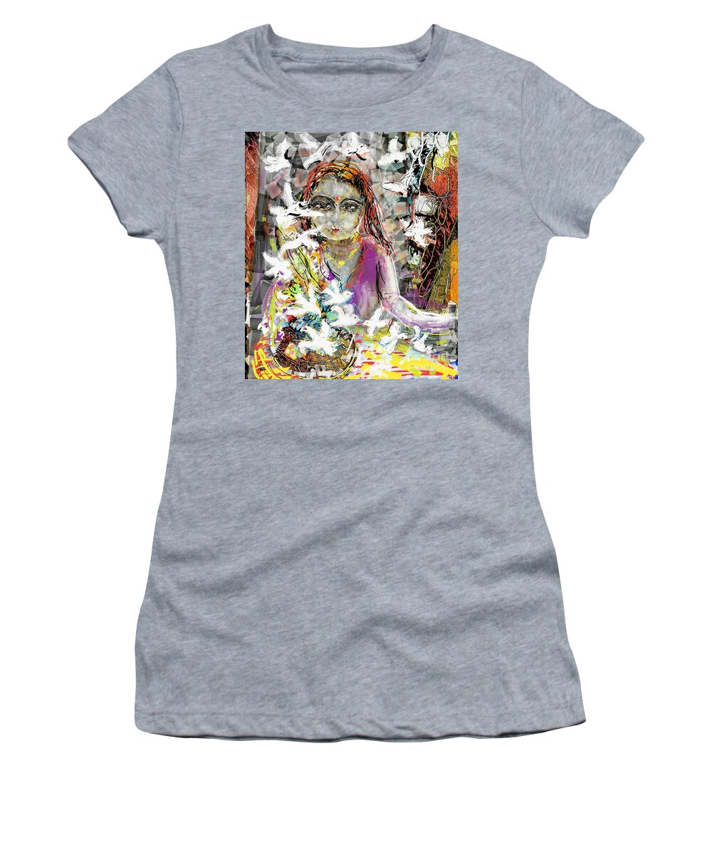 Smartphone Drawing Women's T-Shirt featuring the digital art Lady with birds by Subrata Bose