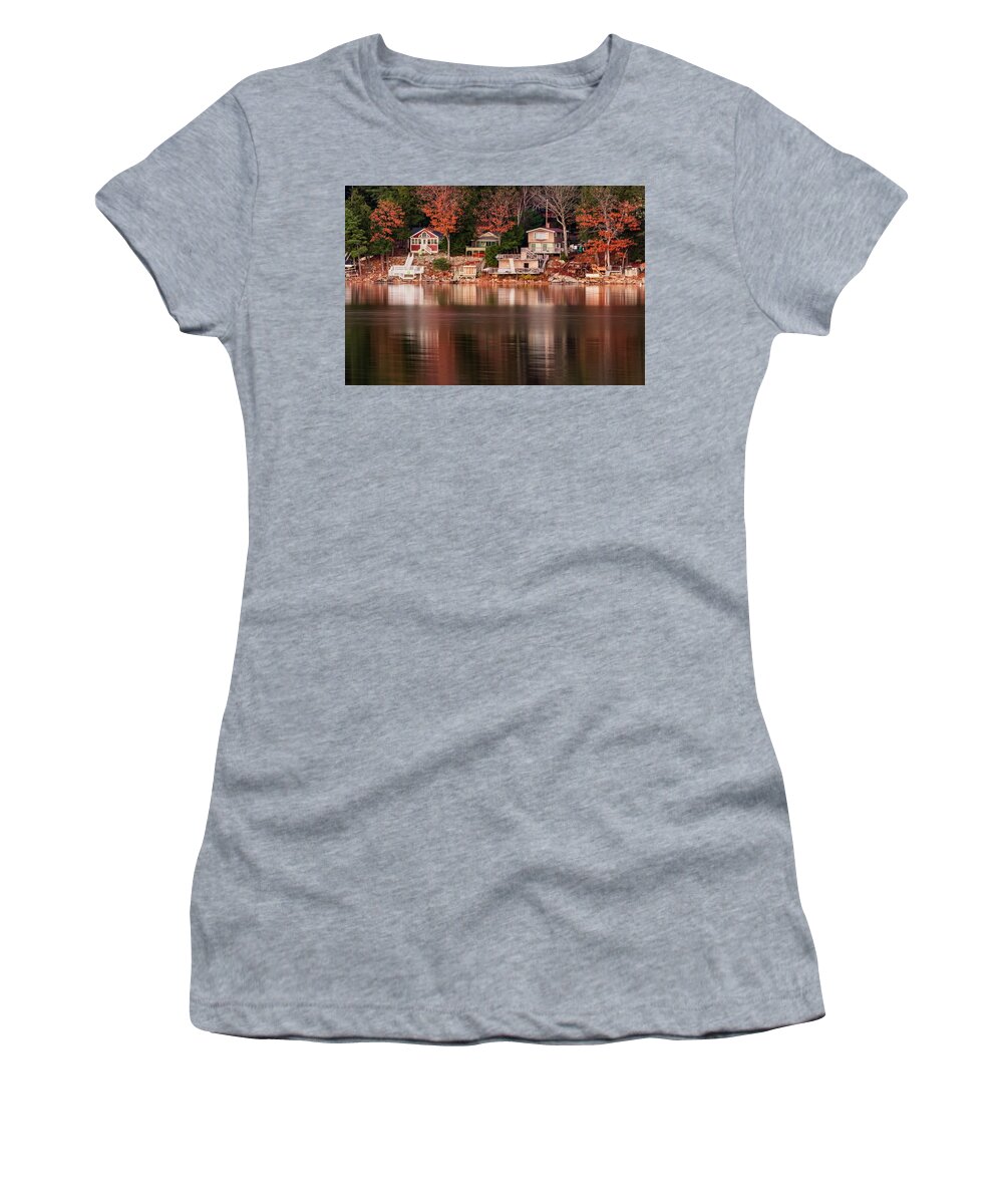 Spofford Lake New Hampshire Women's T-Shirt featuring the photograph Lake Cottages Reflections by Tom Singleton