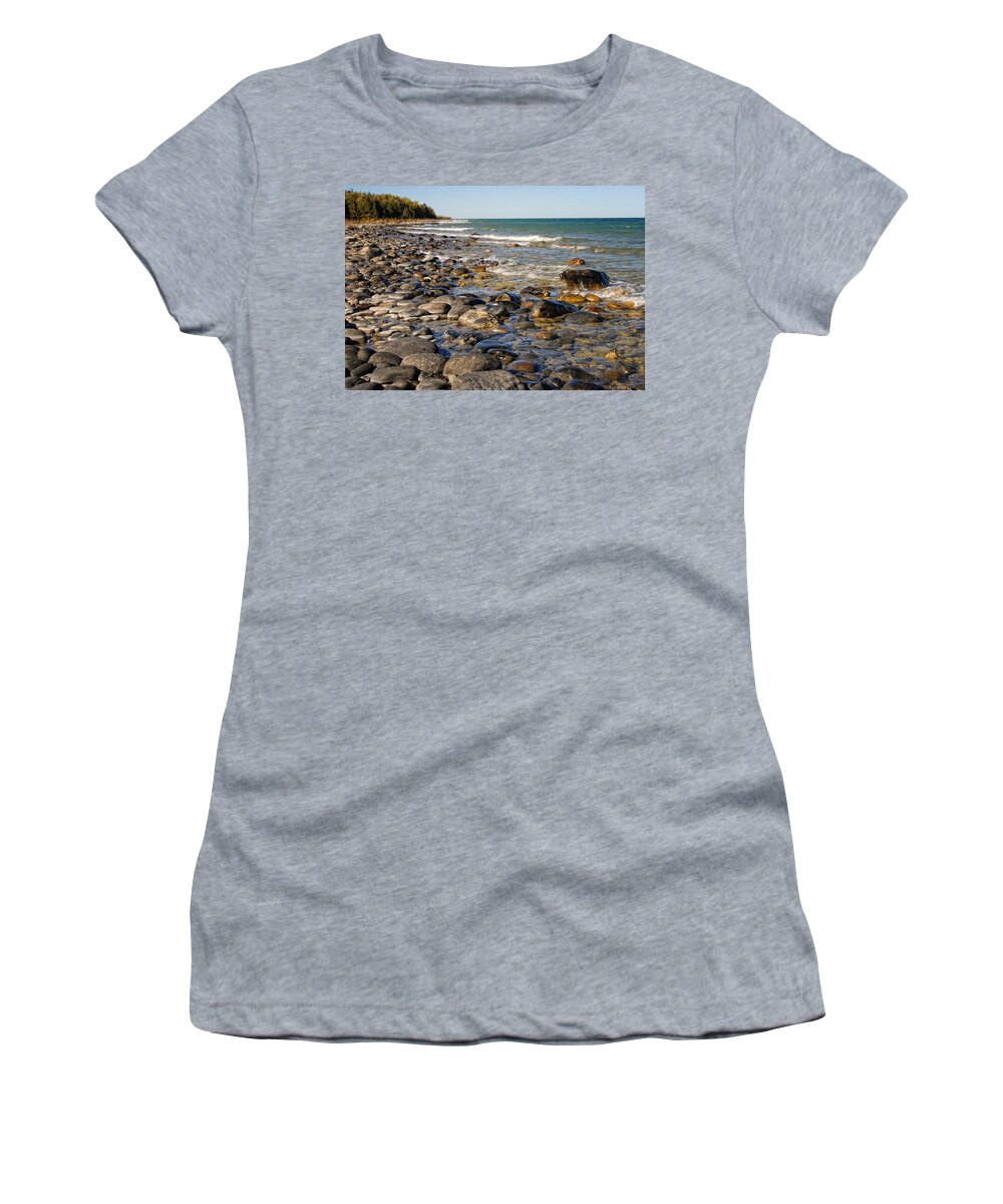 Lake Huron Women's T-Shirt featuring the photograph Lake Huron Rocky Coast by Peg Runyan
