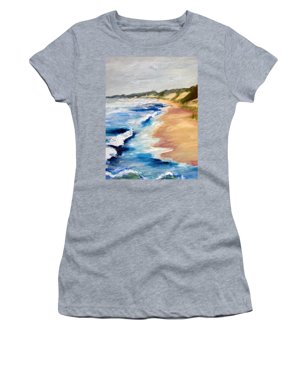 Whitecaps Women's T-Shirt featuring the painting Lake Michigan Beach with Whitecaps Detail by Michelle Calkins