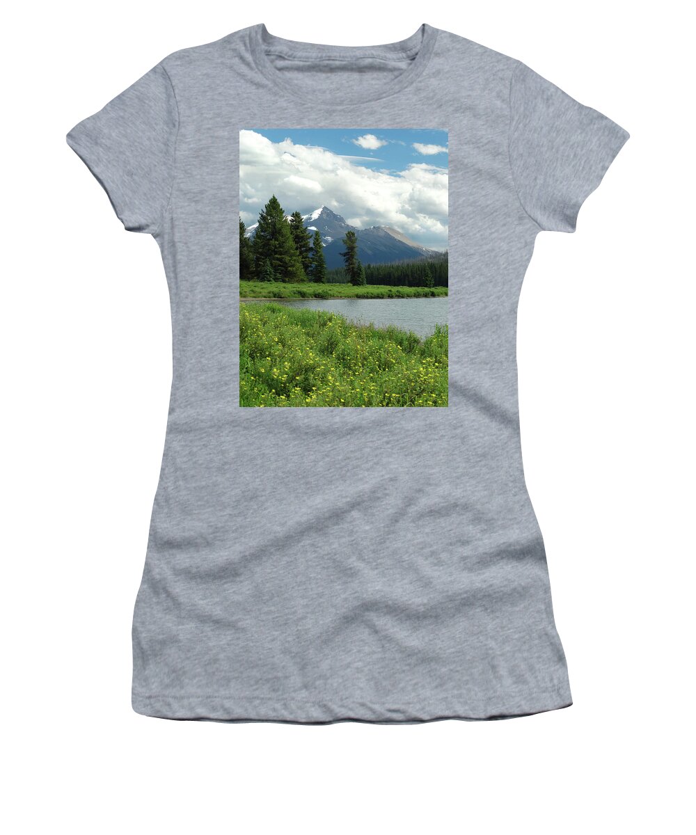 Canadian Rockies Women's T-Shirt featuring the photograph Lake Minnewanka Landscape by David T Wilkinson