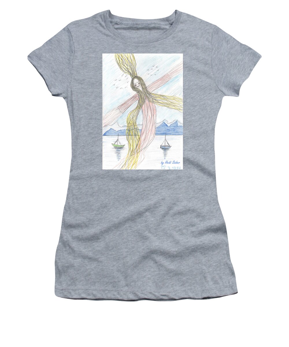 Lake Nymph Rising Women's T-Shirt featuring the drawing Lake nymph rising by Heidi Sieber