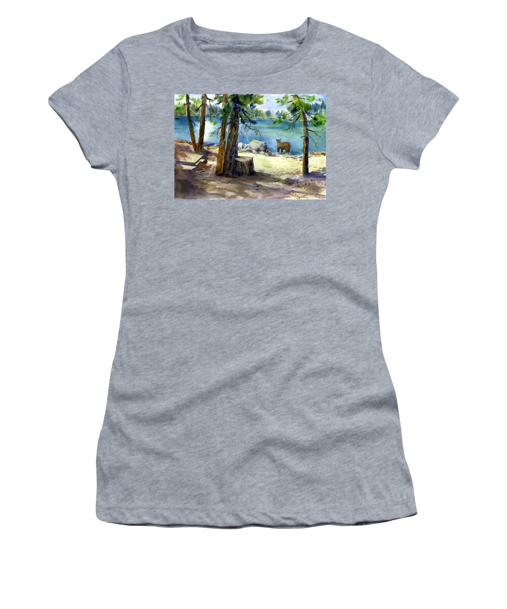 Always On The Lookout For A Bear. Here Is One At Lake Valley Enjoying The Lake That I Like To Kayak In. Women's T-Shirt featuring the painting Lake Valley Bear by Joan Chlarson