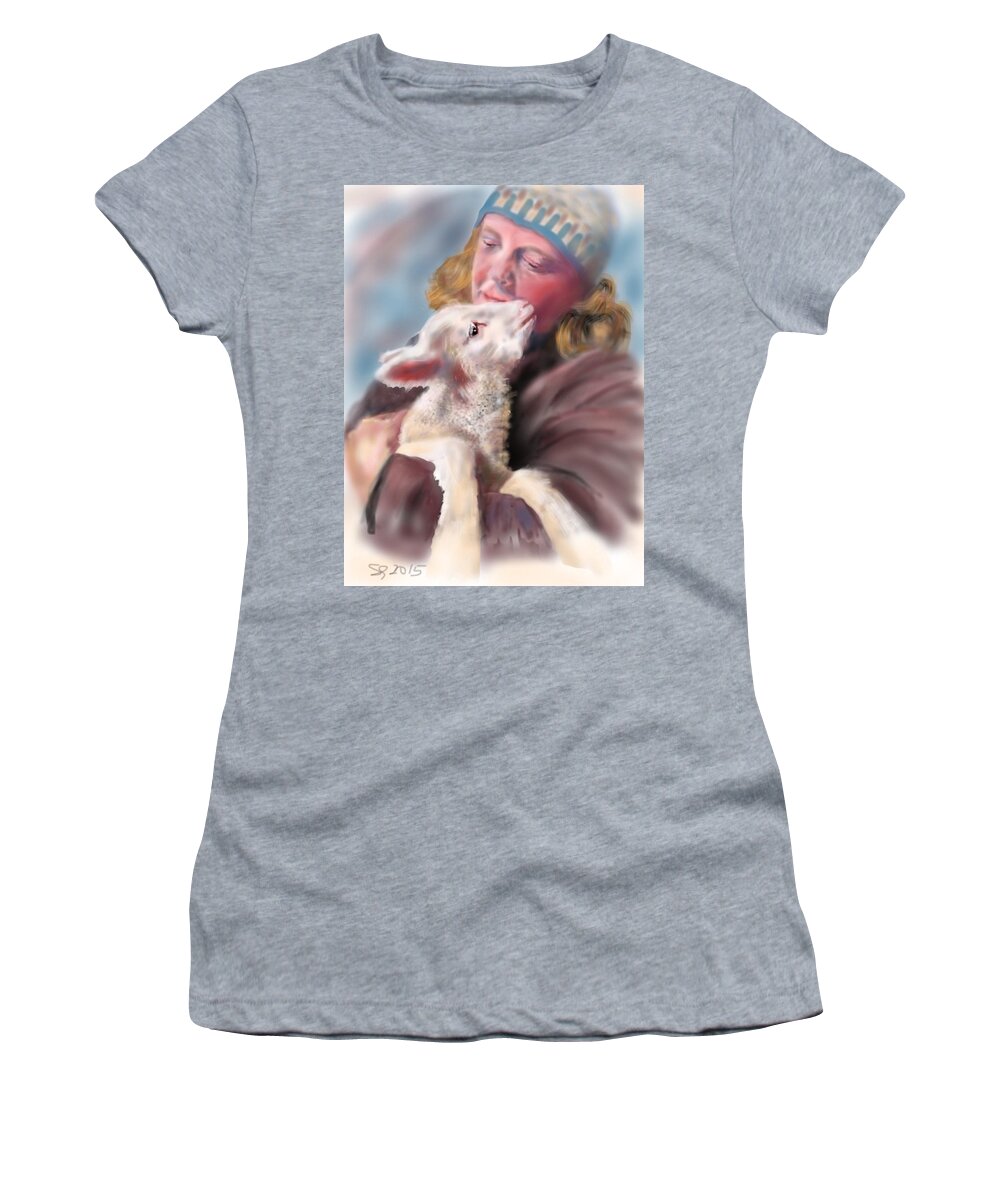 Spring Women's T-Shirt featuring the painting Lambie Love by Susan Sarabasha