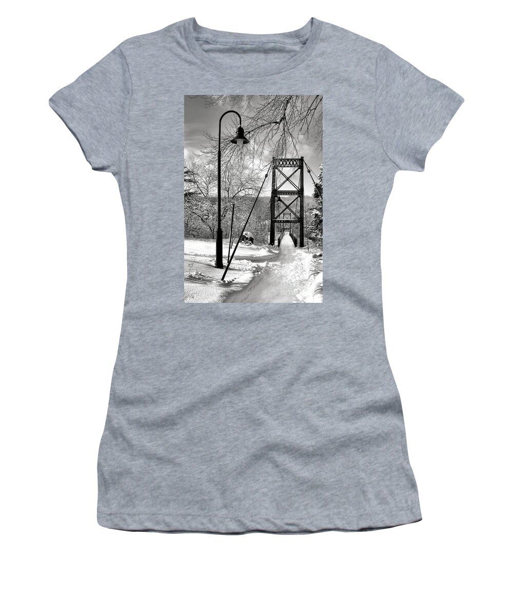 Androscoggin Women's T-Shirt featuring the photograph Lamppost and Androscoggin Swinging Bridge in Winter by Olivier Le Queinec