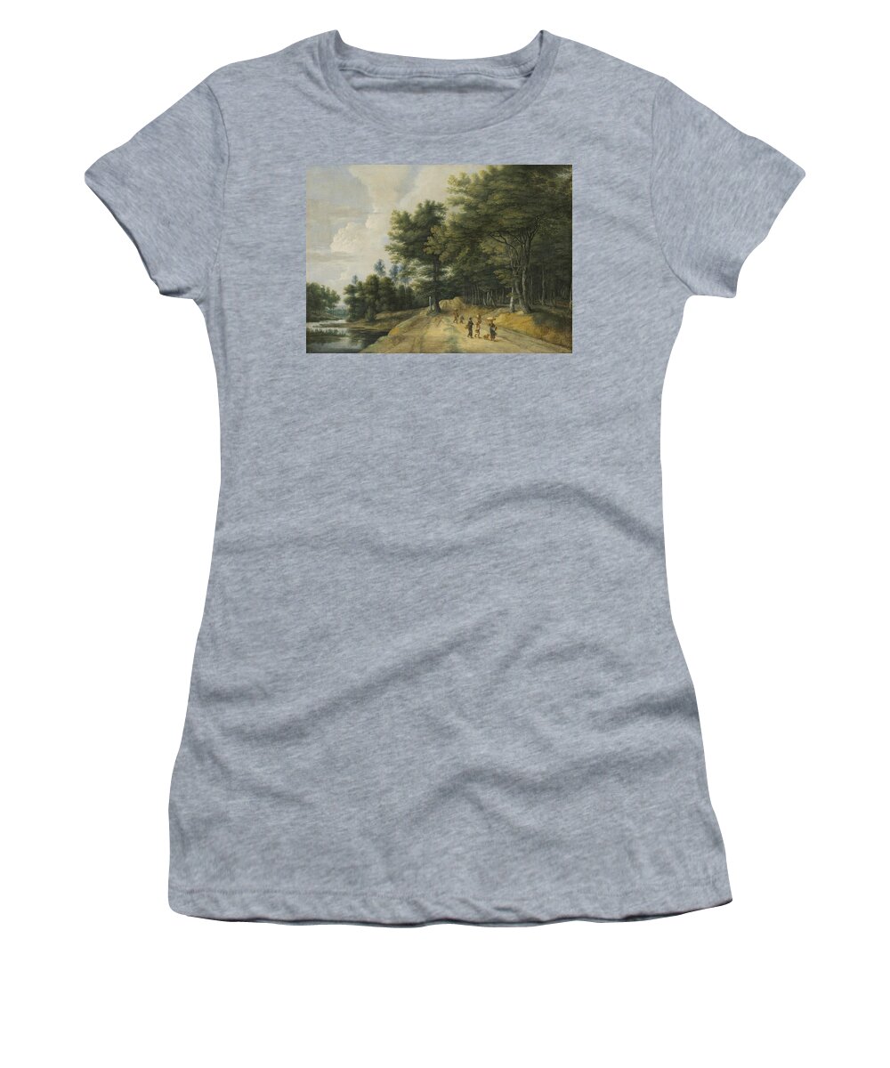 17th Century Art Women's T-Shirt featuring the painting Landscape with a Road through a Wood of Beeches by Lucas van Uden