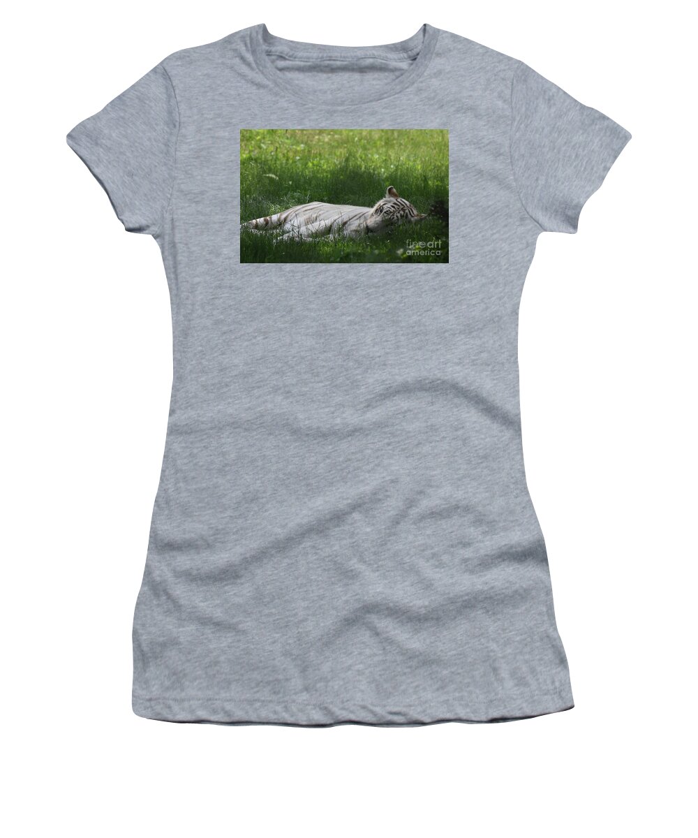 Tiger Women's T-Shirt featuring the photograph Large White Bengal Tiger Laying in the Grass by DejaVu Designs
