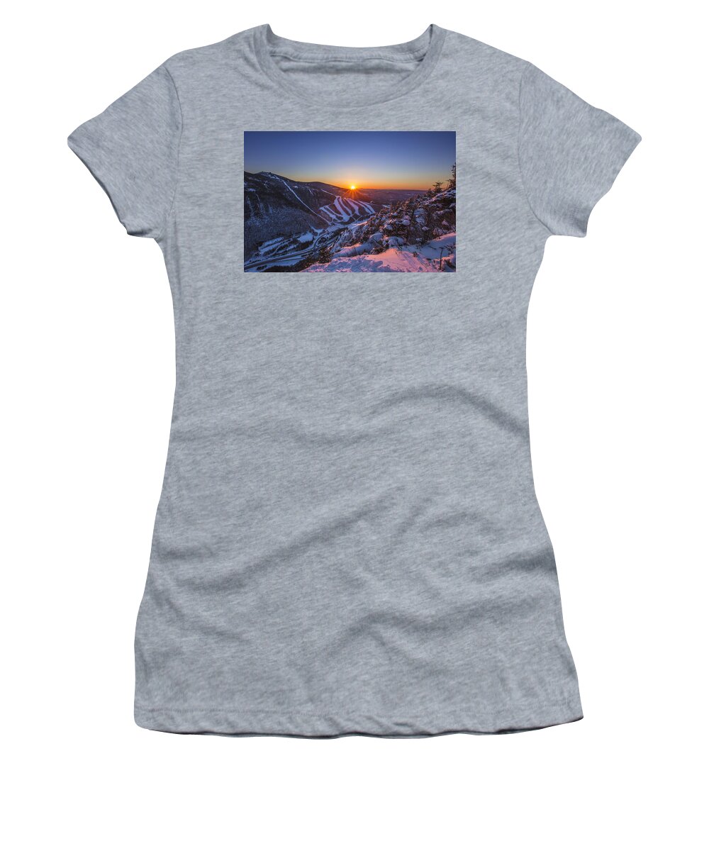 Last Winter Sunset Over Cannon Mountain Women's T-Shirt featuring the photograph Last Winter Sunset over Cannon Mountain by White Mountain Images