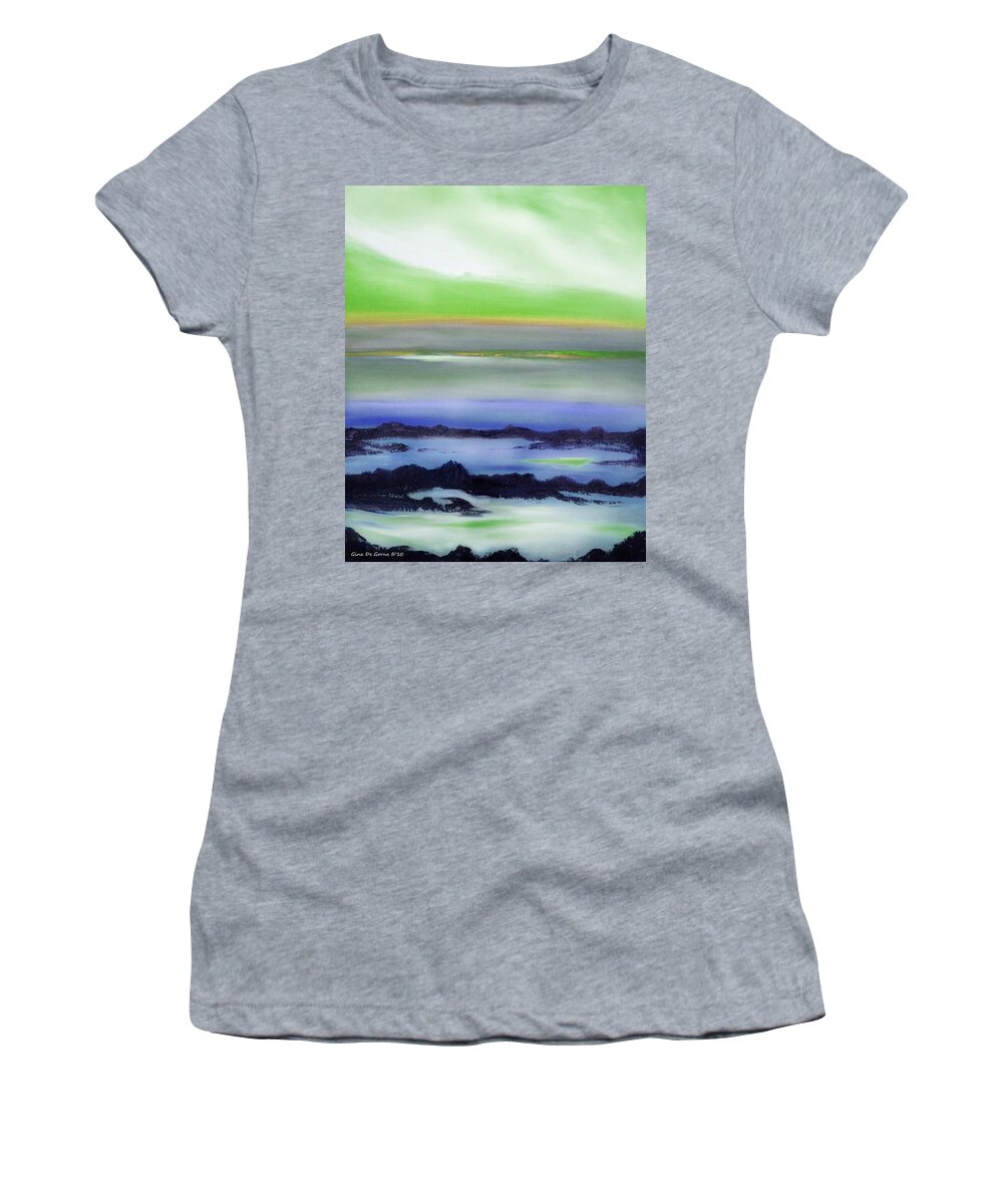 Sunset Women's T-Shirt featuring the painting Lava Rock Abstract Sunset in Blue and Green by Gina De Gorna