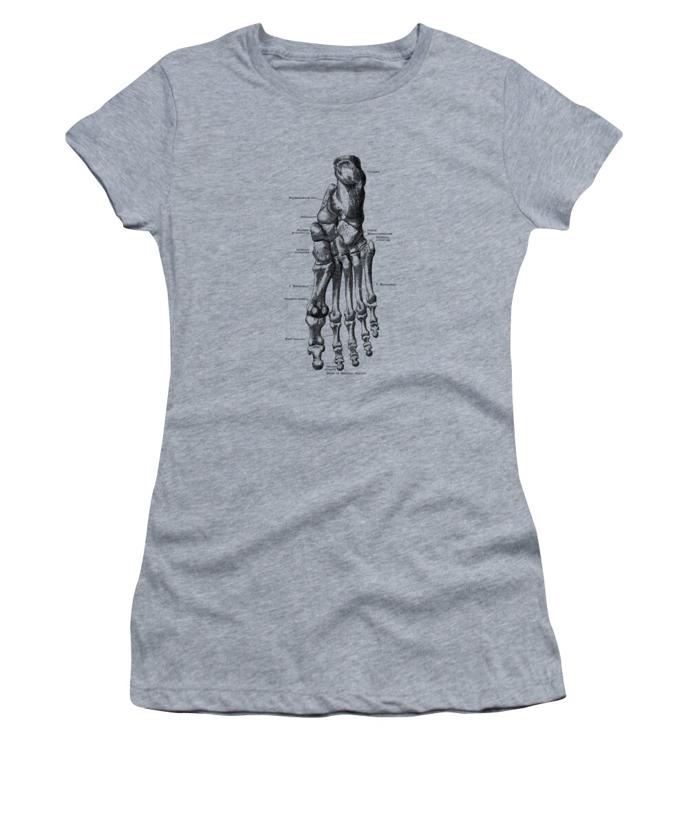 Skeleton Women's T-Shirt featuring the drawing Left Foot Skeletal Diagram - Vintage Anatomy Poster by Vintage Anatomy Prints